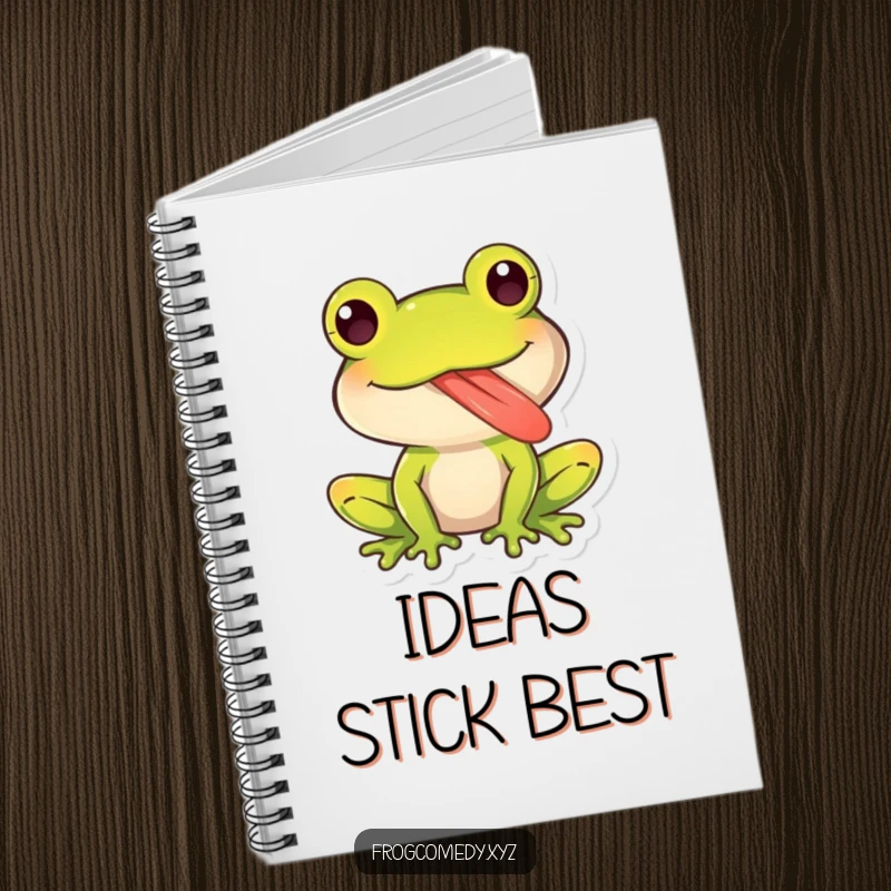 Funny notebook with a cover showing a kawaii frog character sticking out its long, sticky tongue playfully, perfect for humorous note-taking.