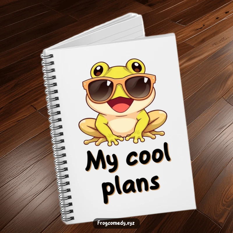 Funny notebook with a giggling frog wearing oversized sunglasses and enjoying the sun, ideal for journaling cool thoughts.