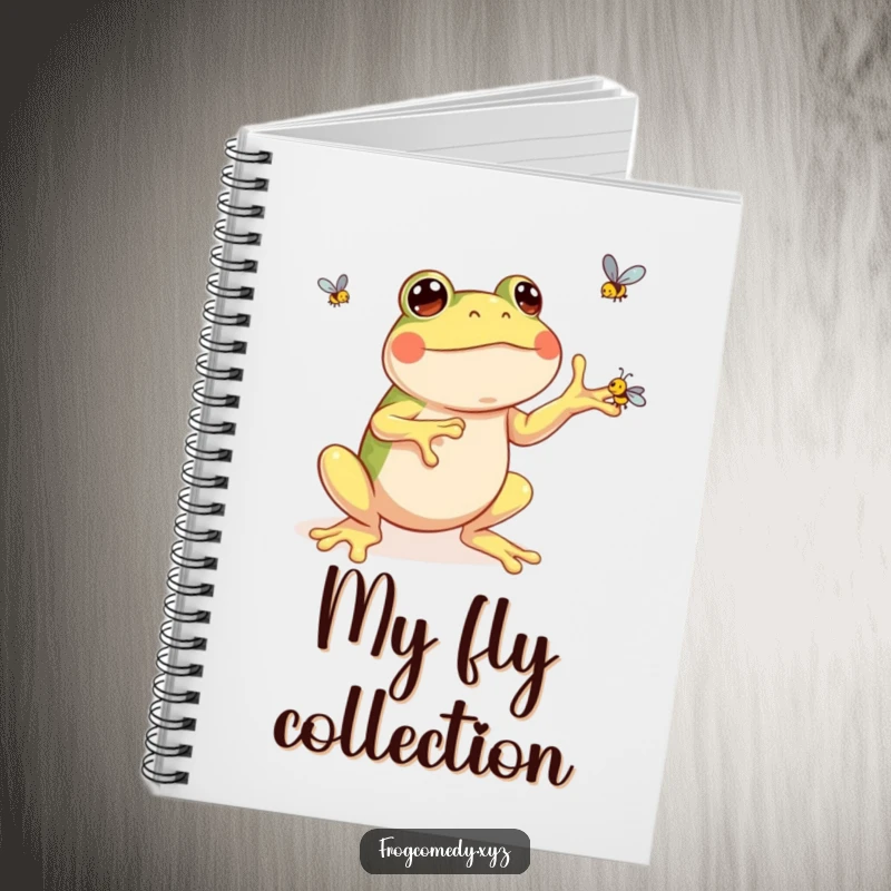 Funny kawaii frog notebook cover showing a happy frog busy juggling three small flies, inspiring creativity and amusement.