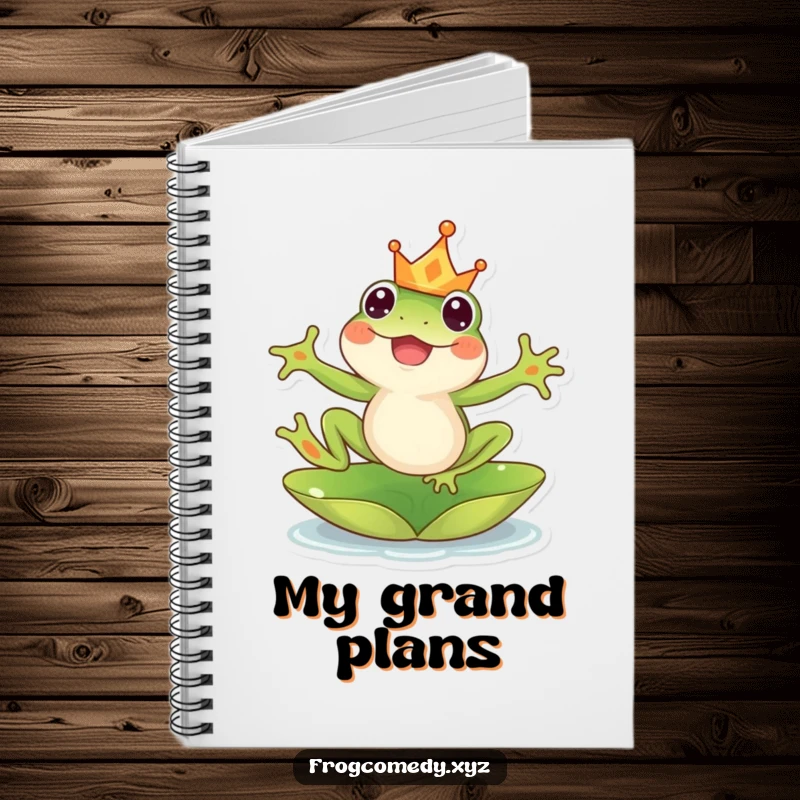Funny kawaii frog notebook, with a crowned frog leaping from a lily pad on the cover, perfect for journaling.