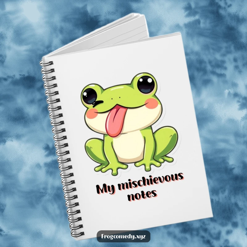 Funny Kawaii frog sticking its tongue out and winking playfully, adorning a notebook cover, inspiring cheeky creativity and note-taking.