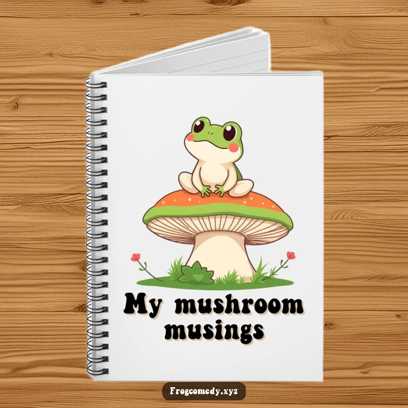 Funny notebook featuring a cute kawaii frog perched on a mushroom, enjoying a scenic view, perfect for jotting down funny thoughts and ideas.