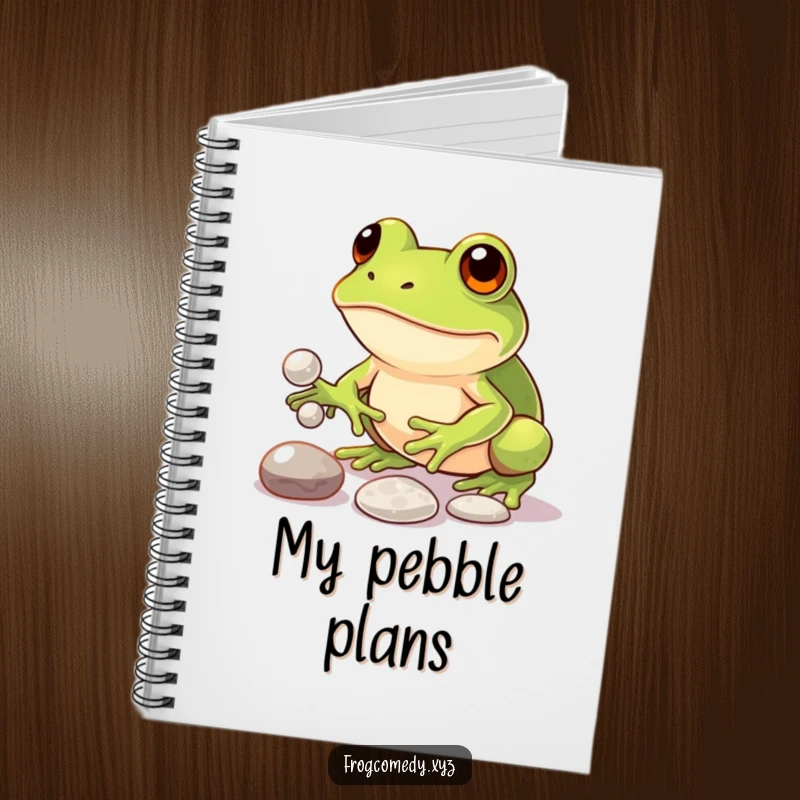 Funny notebook featuring a determined kawaii frog juggling three shiny pebbles, perfect for noting down funny plans and ambitious ideas.