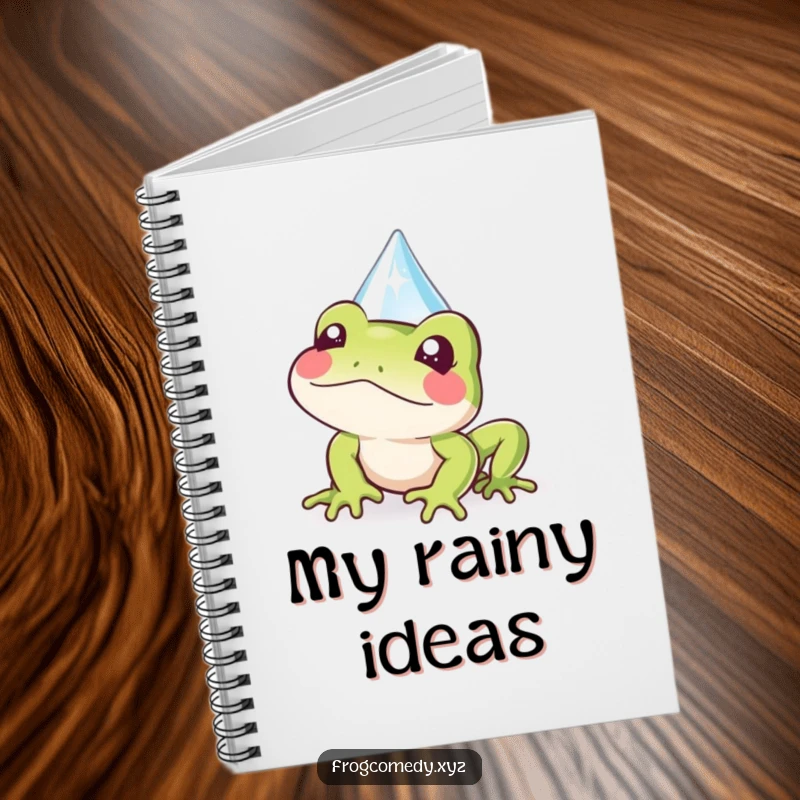 Funny Kawaii frog notebook featuring a cute frog peeking from behind a sparkly raindrop, ideal for notes and creative ideas.