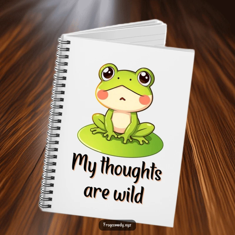 Funny notebook cover featuring a frog with a surprised expression on a lily pad, ideal for jotting down thoughts humorously.