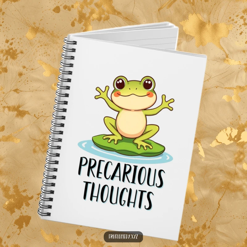 Funny notebook featuring a Kawaii stylized frog character comically balancing on a lily pad, great for journaling, note-taking, and keeping thoughts in order.