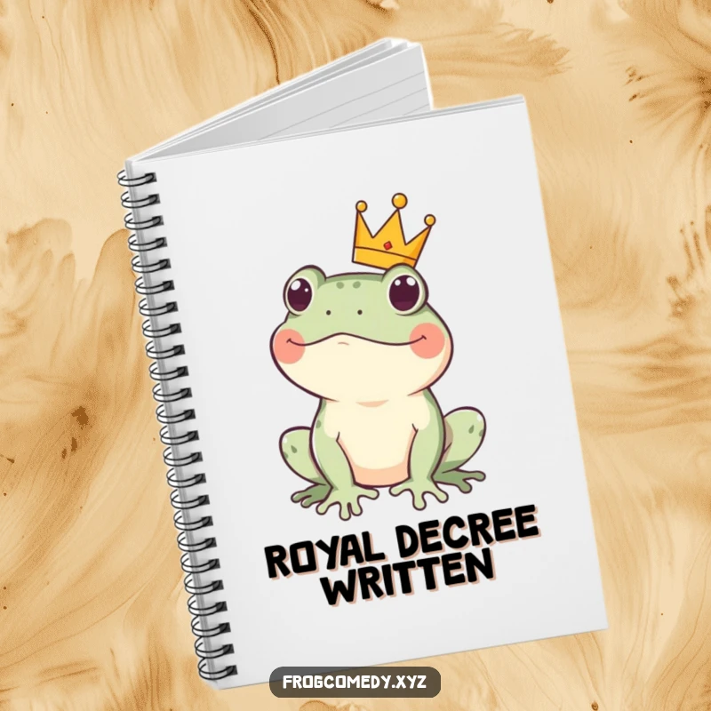 Funny kawaii frog crown notebook with a cute amphibian wearing a small crown, perfect for jotting down regal ideas with a playful spirit.