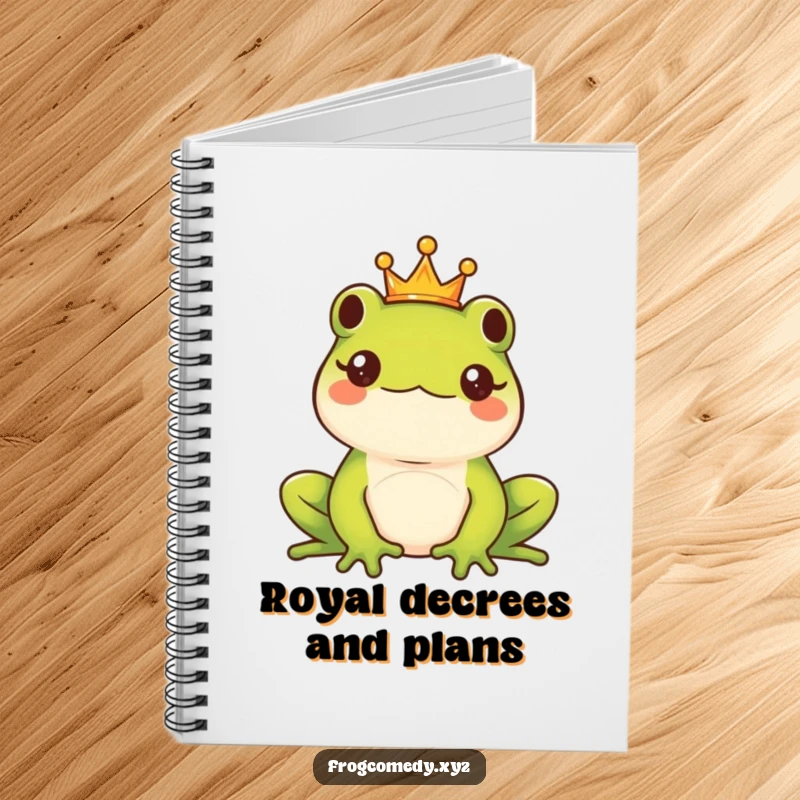 Funny Kawaii frog king with a tiny crown, looking majestic and ready to write on a lined, funny notebook.