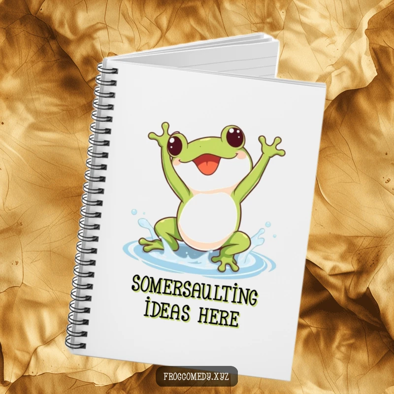 Notebook cover featuring a kawaii frog doing a joyful somersault with a little splash, ideal for jotting happy thoughts.