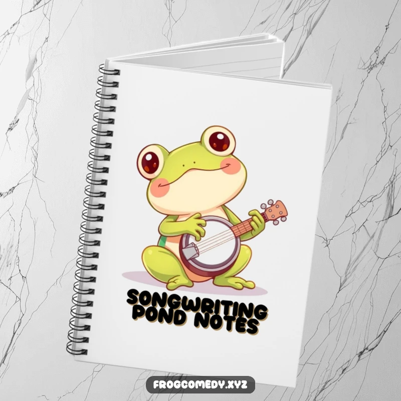Funny kawaii frog banjo notebook with a cute amphibian playing a small banjo energetically, perfect for jotting down musical thoughts.