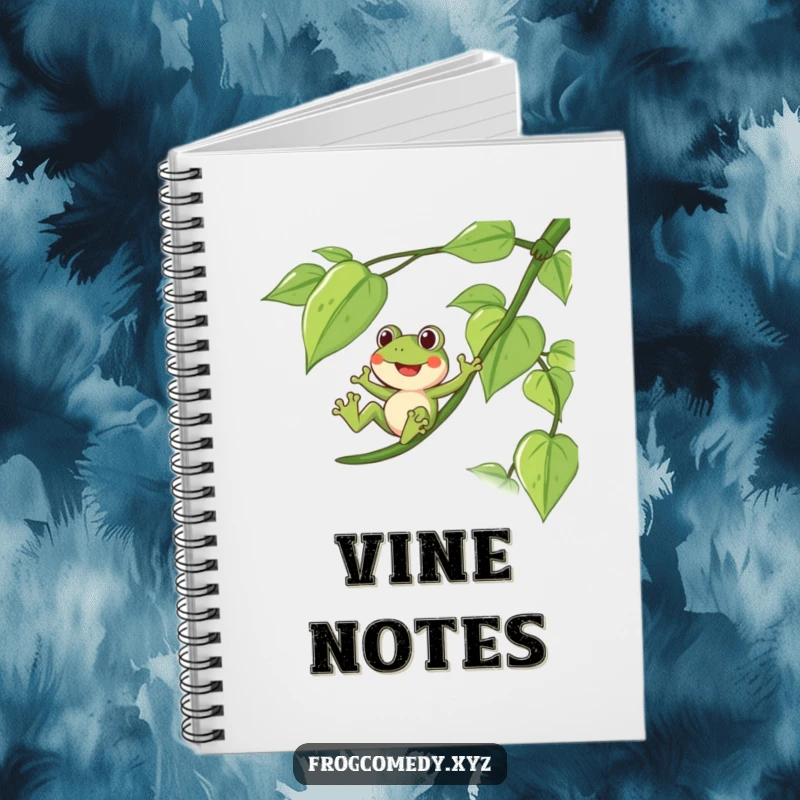 Funny notebook with a delighted frog sliding down a long, leafy vine, perfect for note-taking.