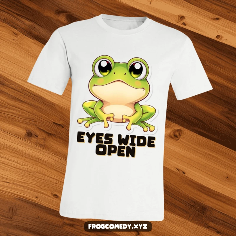 Funny kawaii frog t-shirt with a whimsical design of a frog sporting enormous, glittering eyes looking up in utter astonishment.