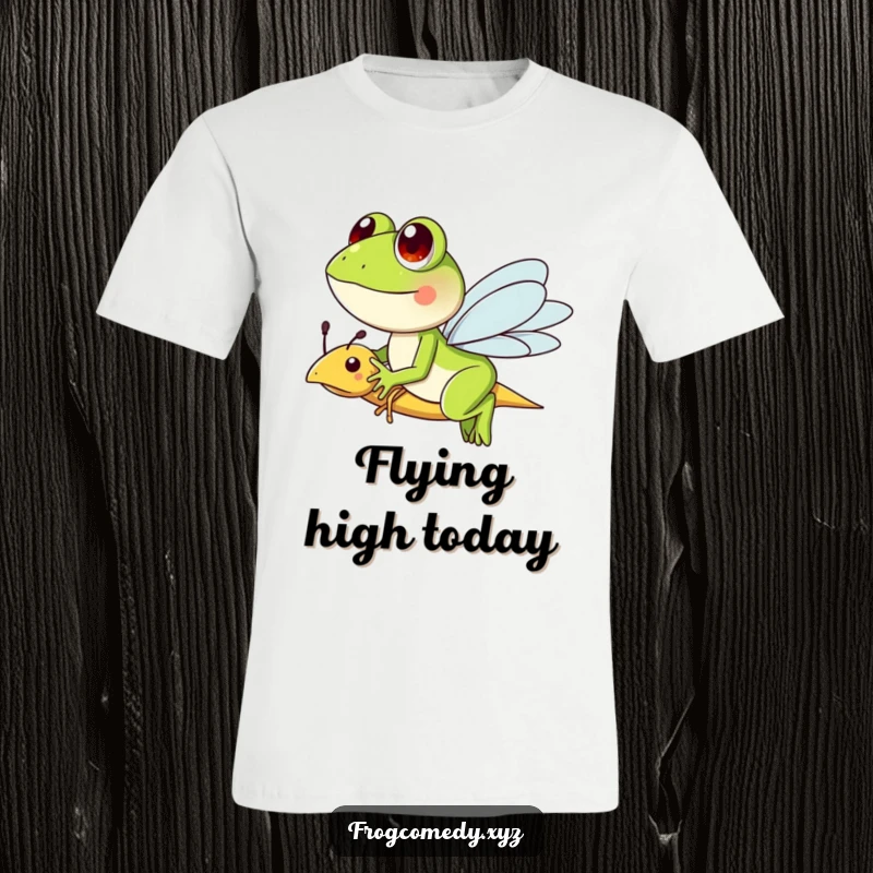 Funny t-shirt depicting a frog character happily riding a friendly dragonfly, showcasing a whimsical and adventurous scene.