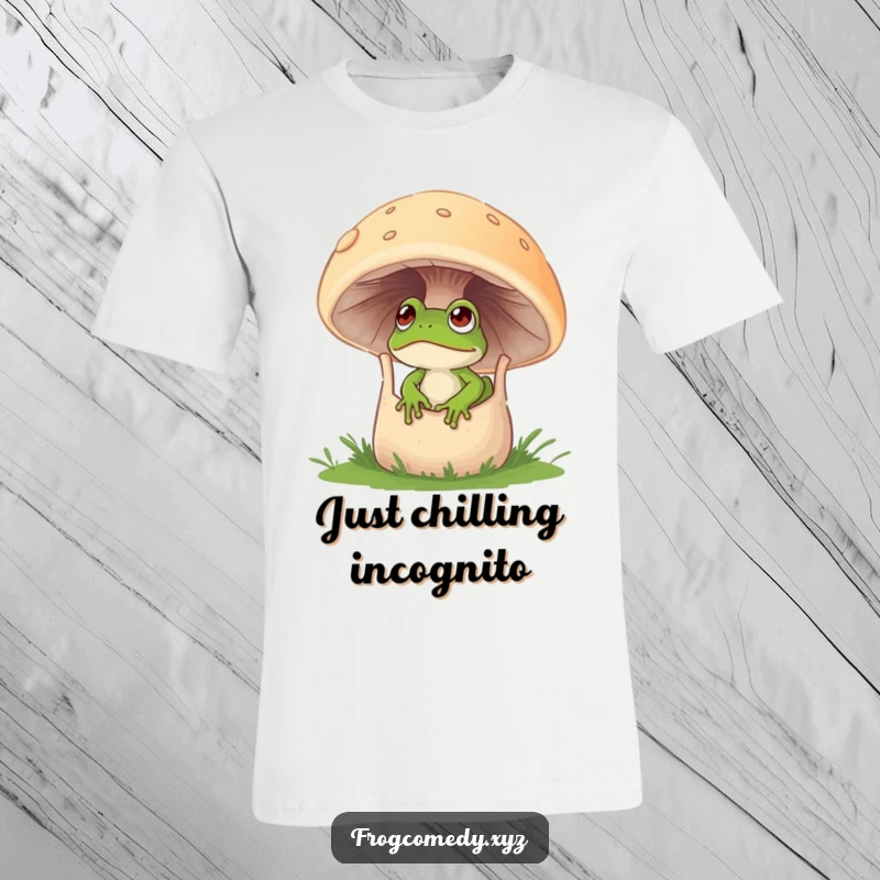 Funny frog t-shirt featuring a curious frog peeking out from a large, hollowed mushroom.