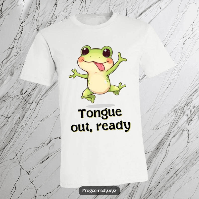 Funny t-shirt depicting a happy frog in a silly leap with its tongue out in surprise, ideal for amphibian humor lovers.