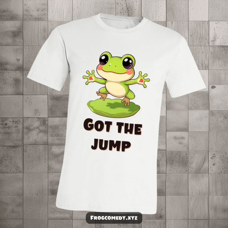 Funny Frog T-Shirt: A happy frog with large eyes, enthusiastically leaping off a lily pad, full of life.