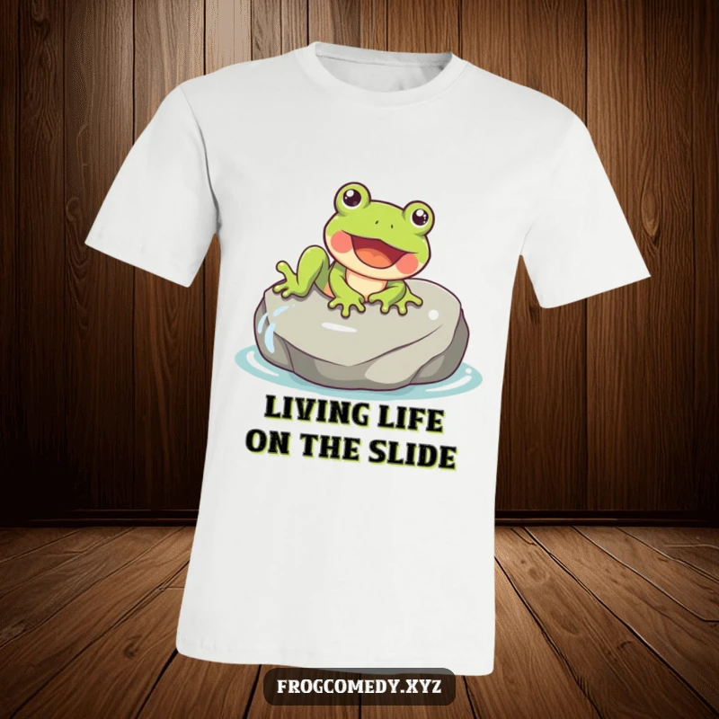 Funny frog t-shirt depicting a happy frog gleefully sliding down a wet, smooth rock.