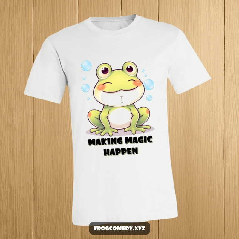 Funny Kawaii frog grinning widely while blowing a stream of colorful bubbles, featured on this humorous t-shirt.