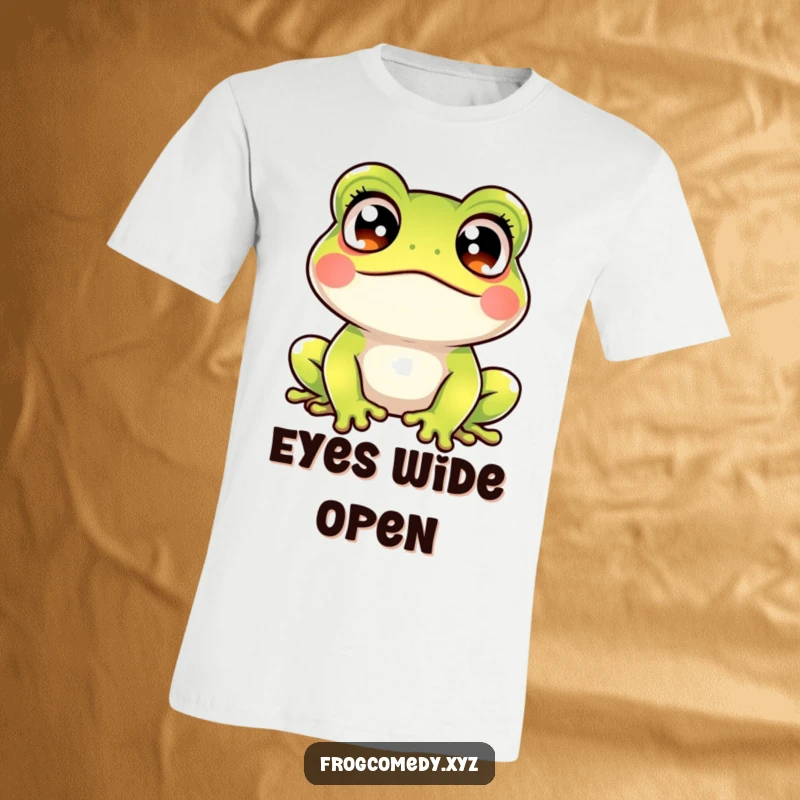 Funny kawaii frog t-shirt showcasing a cute amphibian with eyes crossed, expressing a funny look of surprise and amusement.