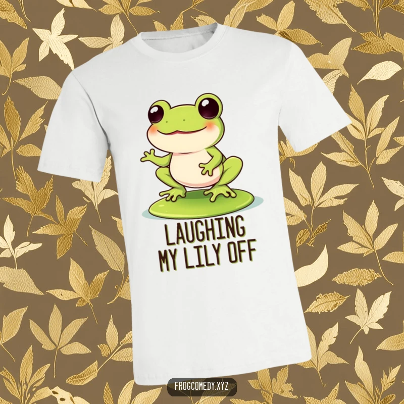 Funny Kawaii frog wobbling with laughter while balancing on a lily pad, featured on a t-shirt, showcasing uncontrollable hilarity.