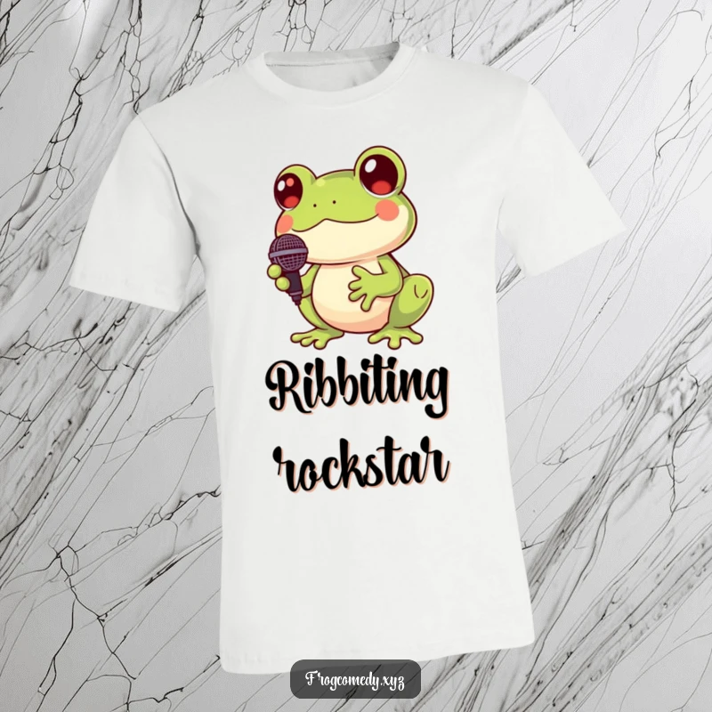 Funny Kawaii frog t-shirt with a cute frog holding a miniature microphone, cheerfully croaking, a delightful music-themed design.