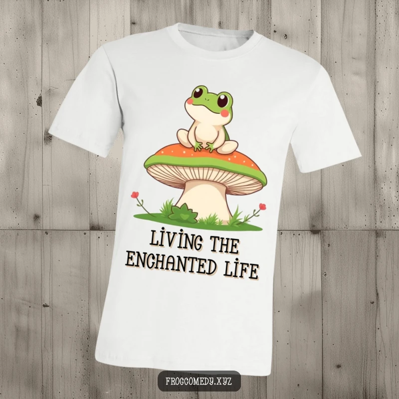 Funny t-shirt with a kawaii frog artistically perched atop a giant mushroom, gazing out at a beautiful, serene landscape with a contented look.