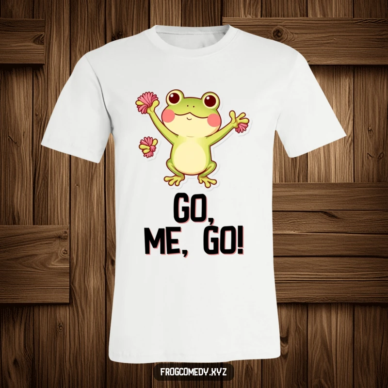 Funny Kawaii frog t-shirt with a cute frog holding pom-poms and cheering, a lively and humorous design.