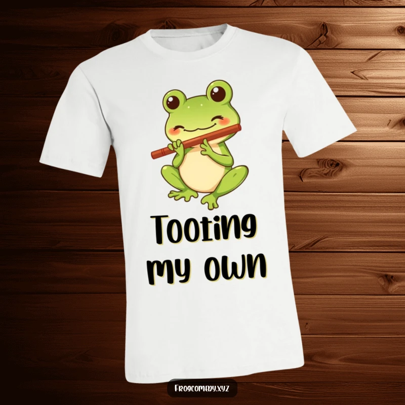 Funny Kawaii frog t-shirt depicting a stylized character with a big smile playing a tiny flute, perfect for music enthusiasts and lovers of cute characters.