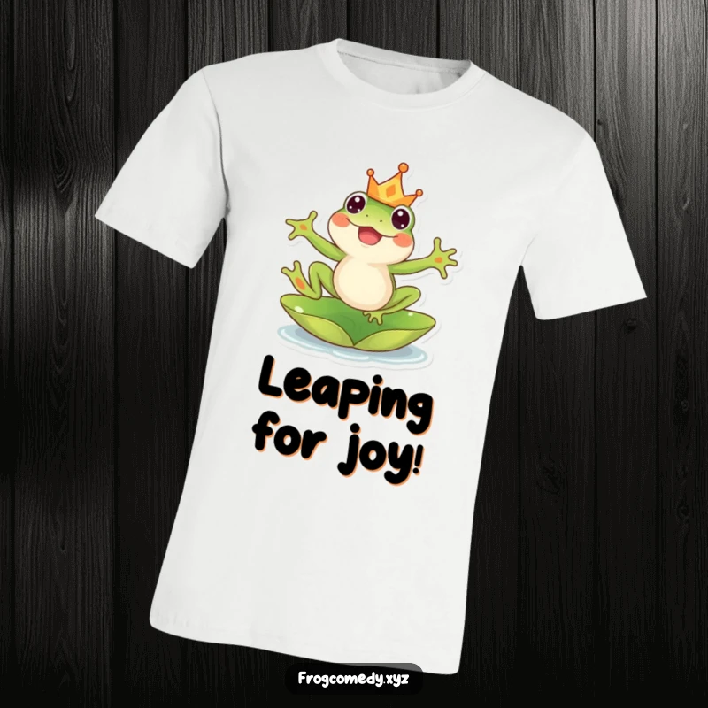 Funny kawaii frog t-shirt, wearing a crown and leaping joyfully from a lily pad, perfect for expressing happiness.