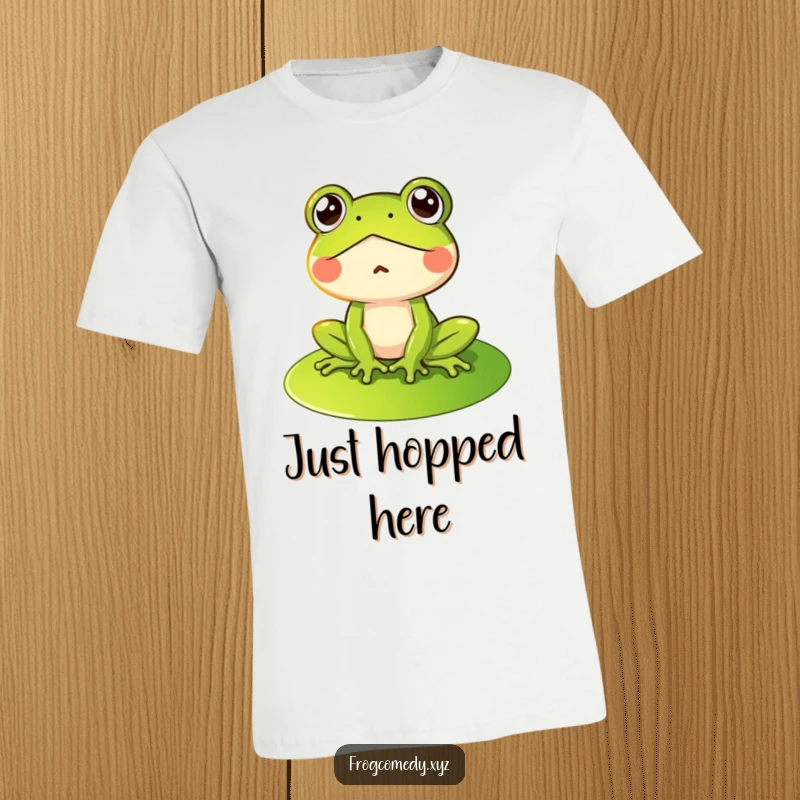 Funny t-shirt featuring a shocked frog character on a lily pad, capturing a moment of hilarious disbelief, great for gifts.