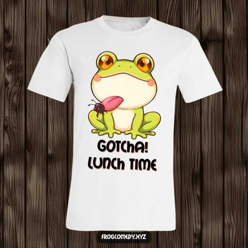 Funny frog with a wide smile, catching a fly with its tongue, printed on a t-shirt, celebrating a successful hunt.