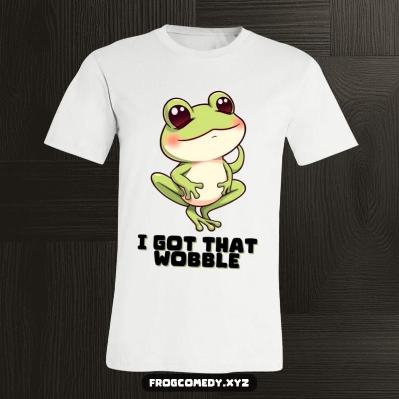Funny frog character with a mischievous wink, expertly balancing on one toe, printed on a comfortable t-shirt.