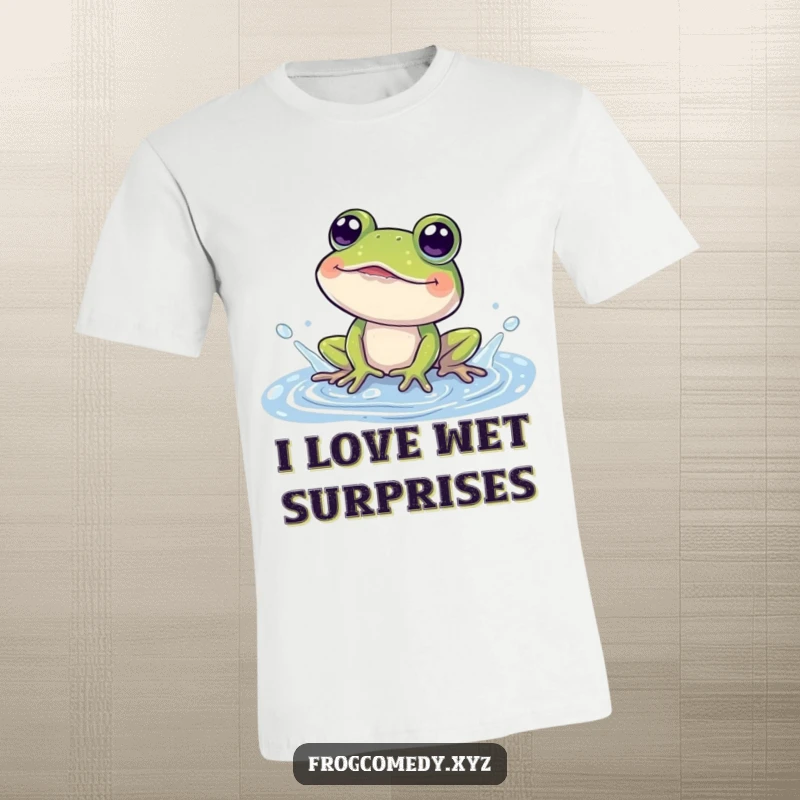Funny t-shirt depicting a cheerful frog joyfully splashing in a puddle, its eyes wide with amusement.