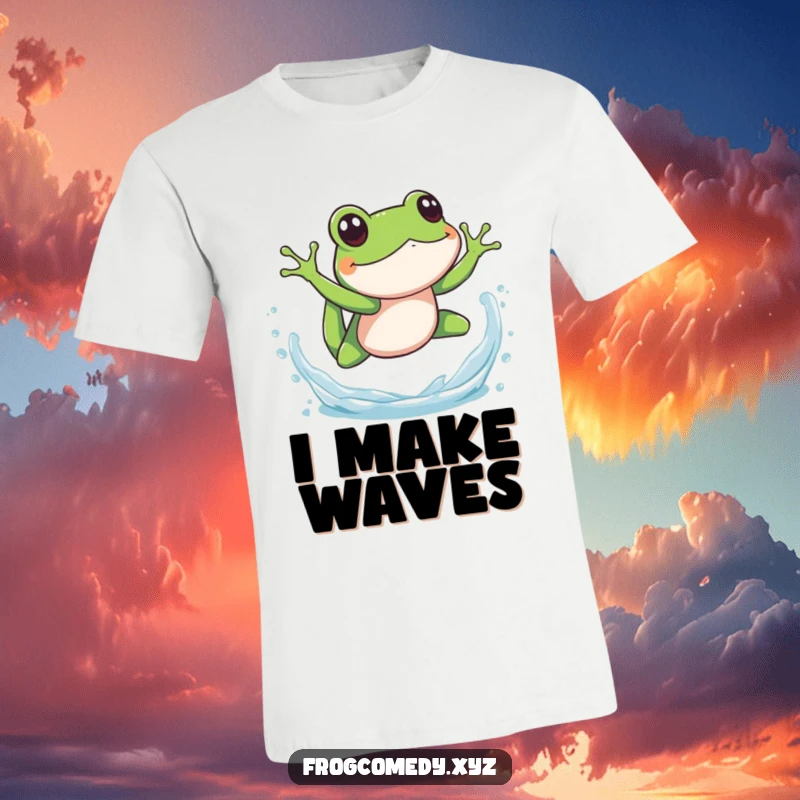 Funny splashy frog dive t-shirt, showing an amphibian in mid-air before a big water splash, perfect for expressing playful energy and love for swimming.