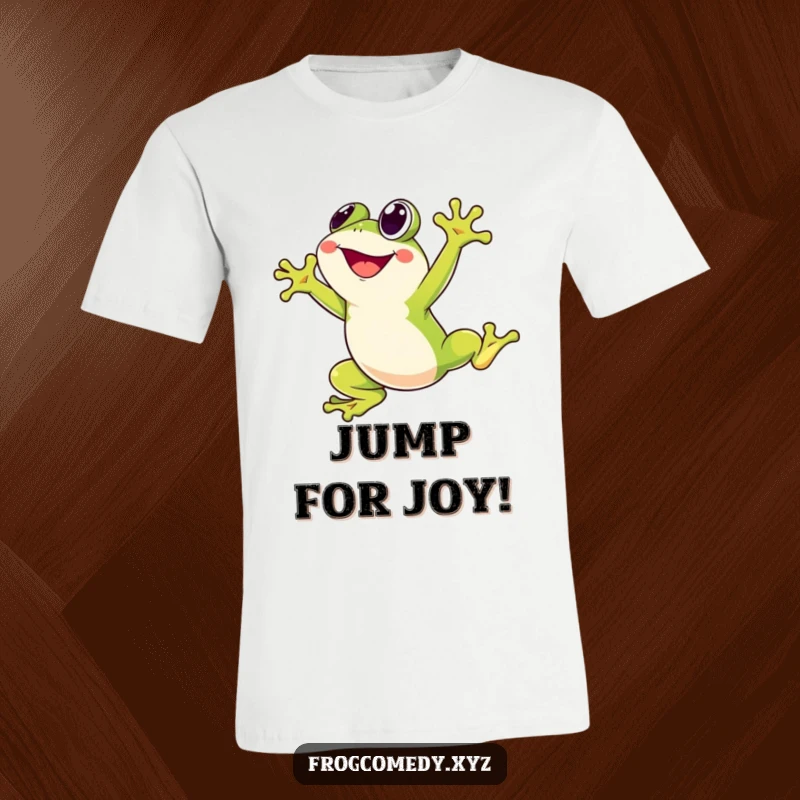 Funny Kawaii frog t-shirt depicting a stylized character joyfully leaping high into the air, exuding happiness and active, playful spirit.