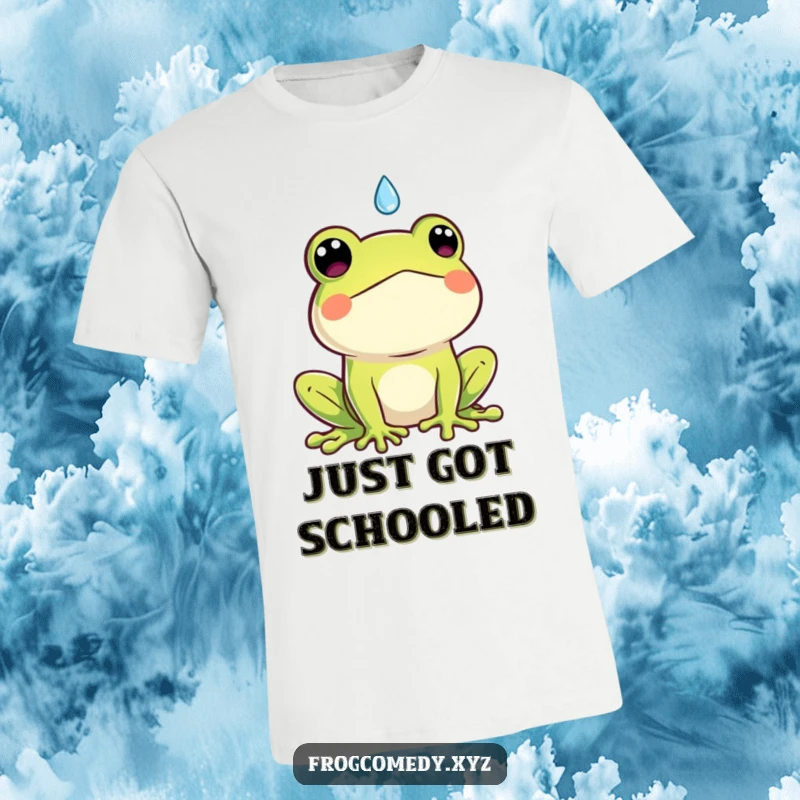 Funny Kawaii frog t-shirt, wide-eyed surprise at a falling raindrop, cute amphibian graphic tee with a humorous twist.