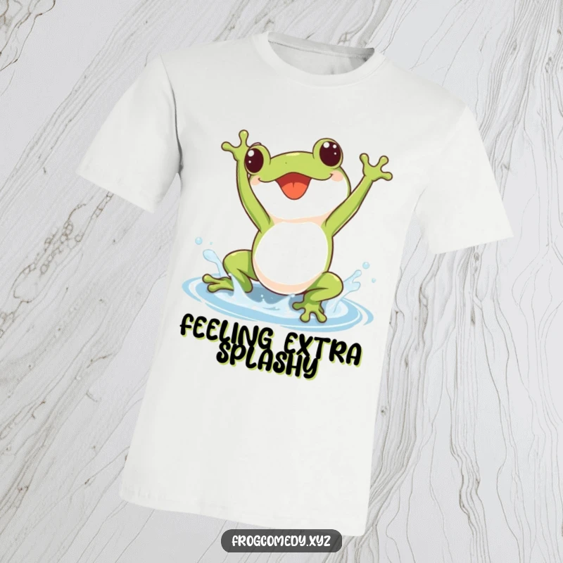 Cute kawaii frog performing a joyful somersault, creating a small splash, printed on a soft and comfortable t-shirt.