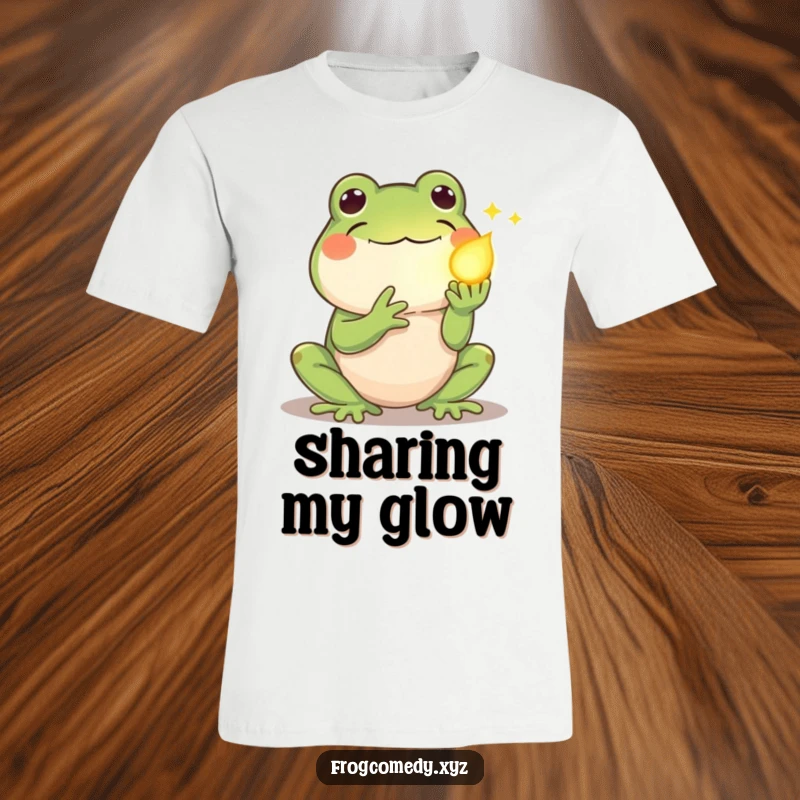 Funny kawaii frog t-shirt, shyly offering a glowing firefly with gentle eyes, symbolizing kindness and quiet thoughtfulness.