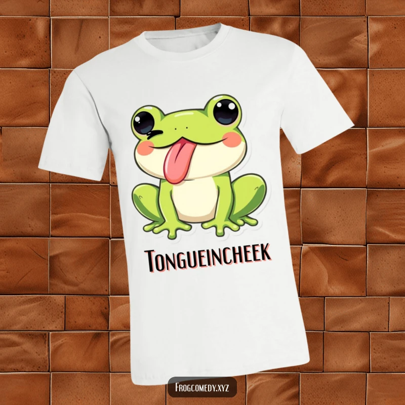 Funny Kawaii frog winking playfully while sticking its tongue out, featured on a t-shirt, showcasing bold, cheeky humor.