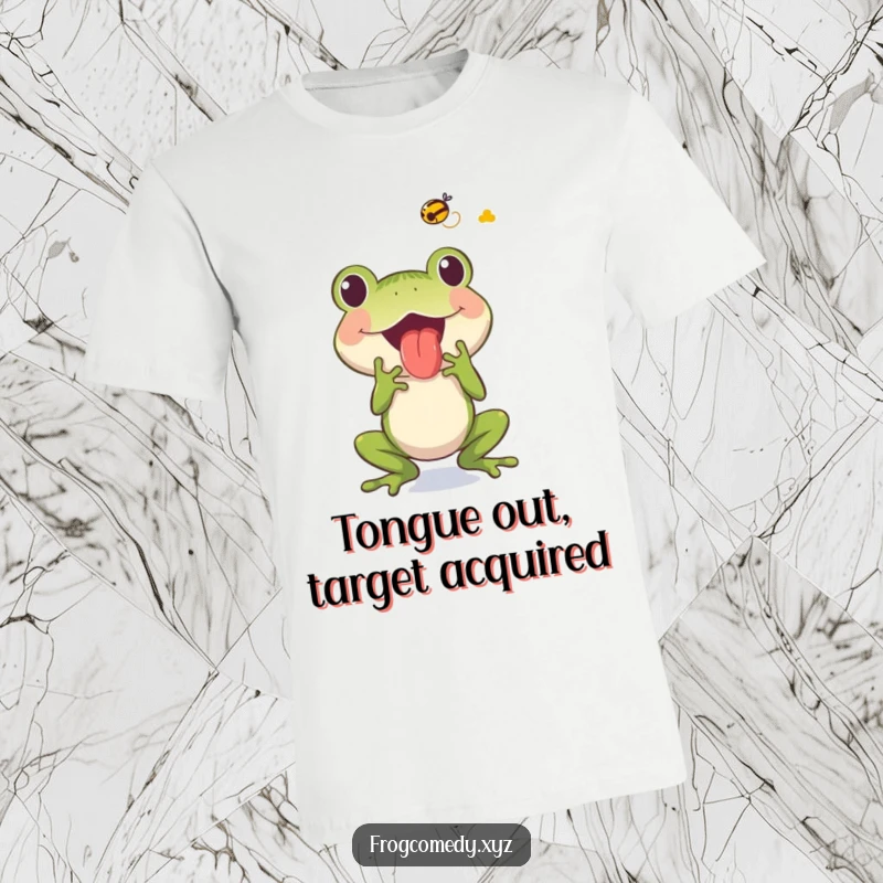 Funny frog character with its long tongue out, catching a fly, depicted on a humorous and engaging t-shirt.