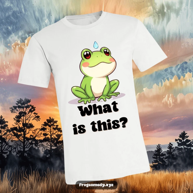 Funny Kawaii frog t-shirt with a cute frog looking surprised by a falling raindrop, a humorous and whimsical design.