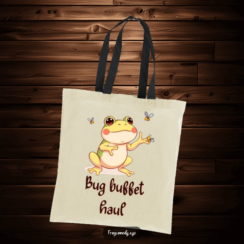 Funny kawaii frog tote bag featuring a happy frog artistically juggling three tiny flies with obvious enjoyment and skill.