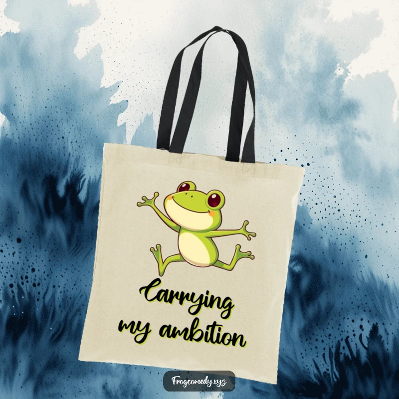 Funny frog tote bag, a smiling long-legged frog executing a high jump, great for everyday funny gift.