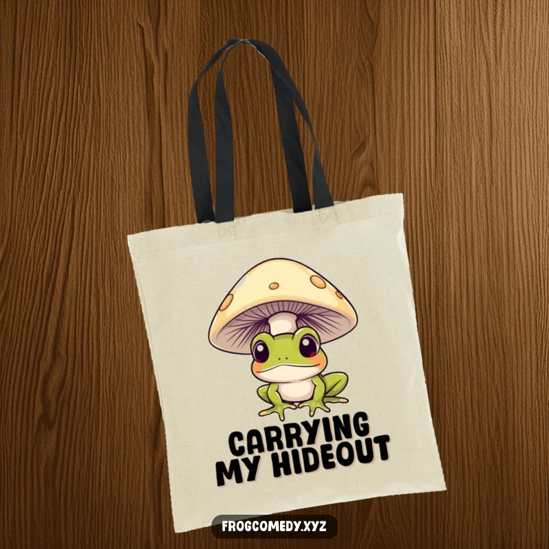 Funny frog curiously peeking from under a mushroom, on a durable tote bag, for stylish and humorous carrying.