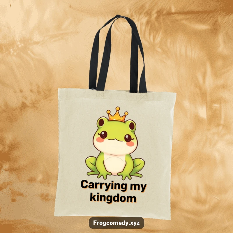 Funny Kawaii frog king with a tiny crown, looking majestic and ready for adventure on a durable, funny tote bag.