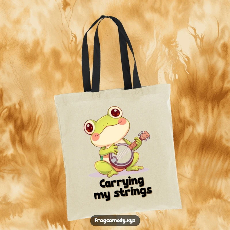 Funny kawaii frog banjo tote bag with a cute amphibian playing a small banjo energetically, great for music lovers on the go.