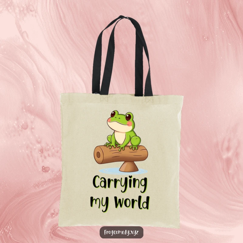 Funny tote bag featuring a green frog precariously balancing on a spinning log, perfect for carrying essentials with humor.