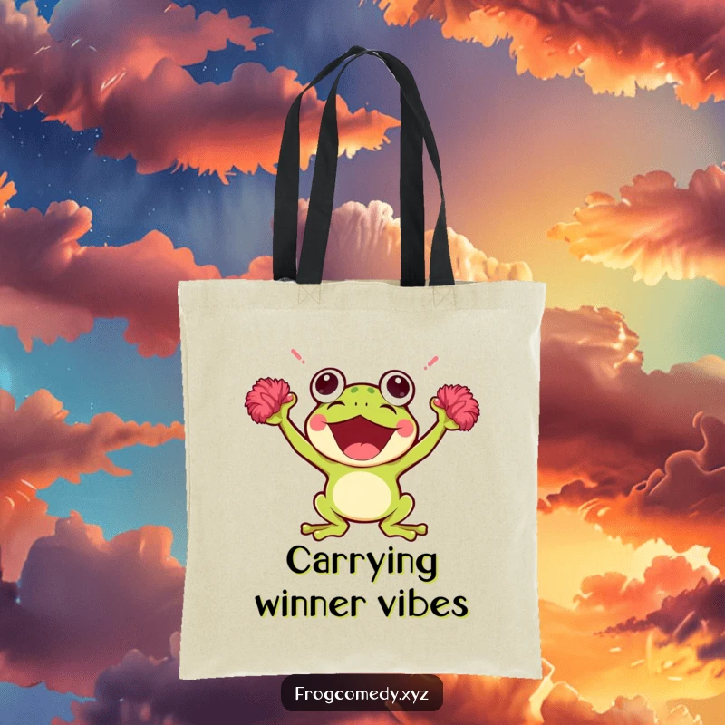 Funny Kawaii Frog Tote Bag: A cute Kawaii frog holding tiny pom-poms, perfect for shopping or everyday use, a delightful funny gift.