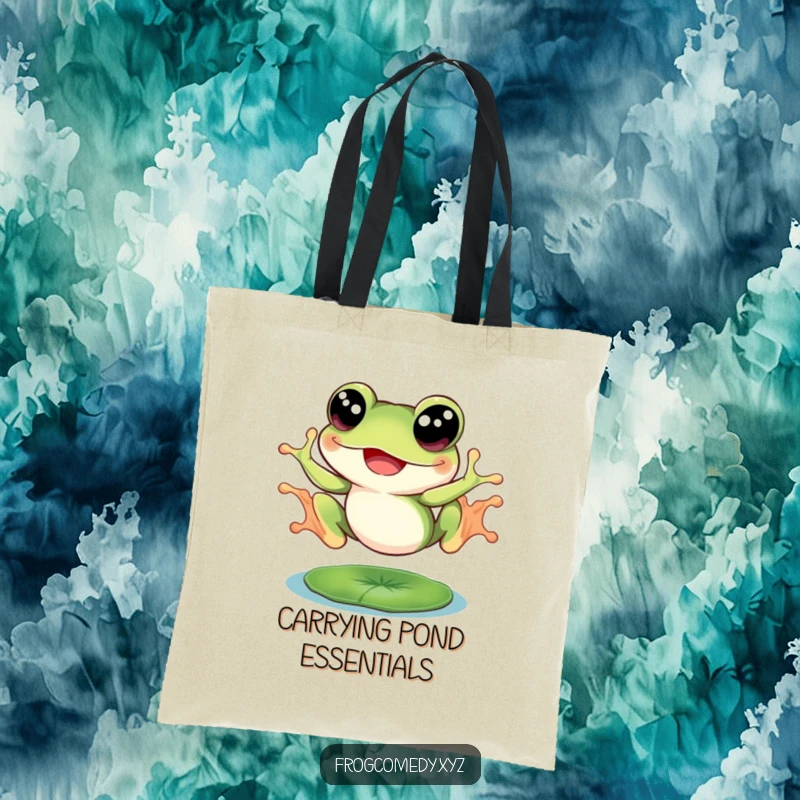 Funny frog with big eyes, joyfully leaping from a lily pad, on a durable tote bag, for stylish and humorous carrying.