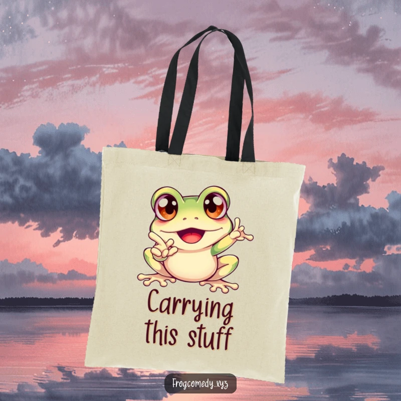 Funny tote bag featuring an excited frog with bulging eyes, enthusiastically pointing, great for carrying essentials with humor.
